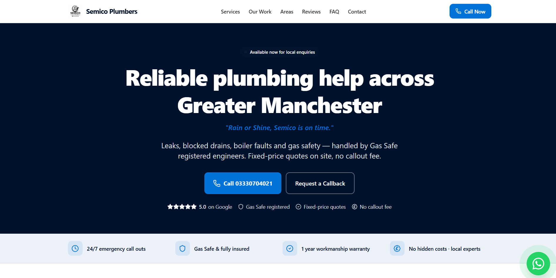 Semico Plumbers homepage hero on desktop