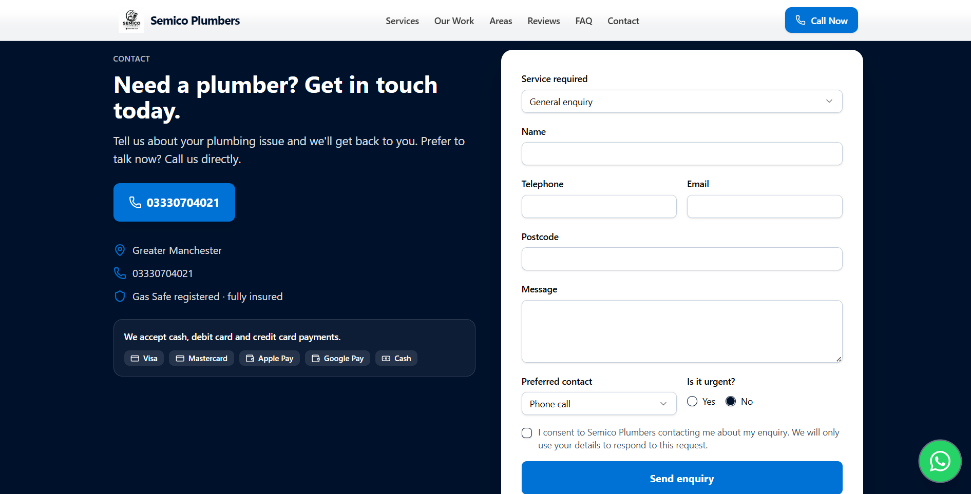 Semico Plumbers contact section on desktop