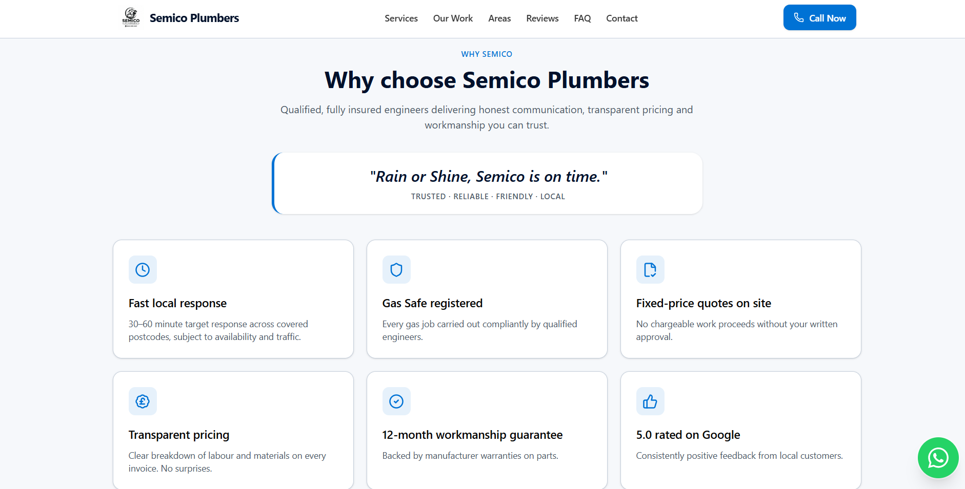 Semico Plumbers why choose us section on desktop